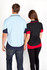 A polycotton polo shirt in light blue with navy accents and a black polo with red details, modelled from the back.
