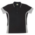 A women's polycotton polo shirt in black with grey contrast panels and a short collar. It features buttons and an embroidered logo.