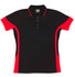 A black and red polo shirt with a contrasting design and a logo on the collar.