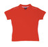 A red women's cotton pique knit polo shirt featuring piped detailing and a logo on the collar.