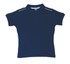 A navy blue women's cotton pique knit polo shirt with white piping, featuring a collar and button placket.