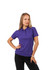 A woman poses wearing a purple 100% cotton pique knit polo shirt with a classic collar and buttons.