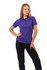 A women's purple 100% cotton pique knit polo shirt, featuring a collar and buttoned placket, worn with black pants.