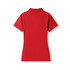 A red women's 100% cotton pique knit polo shirt with a collar and short sleeves, featuring a logo.