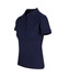 A navy women's 100% cotton pique knit polo shirt with a collared neck and short sleeves, featuring a logo.