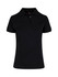 A black women's 100% cotton pique knit polo shirt with a collar and buttons, featuring a logo.