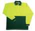 A long sleeve polo shirt in high visibility yellow with a green bottom section, featuring a pocket and collar.