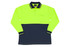 A Hi Vis long sleeve polo shirt in bright yellow and navy blue, featuring a pocket and a logo.