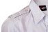 A light grey long sleeve button-up shirt with shoulder epaulets and a logo tag.
