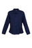 A navy long sleeve button-up shirt featuring two chest pockets and a logo on the collar.