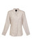 A women's long sleeve button-up shirt in a light beige colour with two front pockets and shoulder detailing.