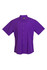 A purple short sleeve button-up shirt with a collar and a logo on the inside. 