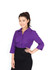 A purple 3/4 sleeve button-up shirt worn by a woman, paired with a black skirt. The shirt has a logo on it.