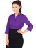 A purple women's 3/4 sleeve button-up shirt displayed on a model, paired with a black skirt.