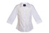 A white women's 3/4 sleeve button-up shirt with a collared neck and a branded tag.