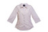 A women's 3/4 sleeve button-up shirt in pale pink, featuring a collar and logo on the tag.