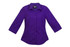 A purple women's 3/4 sleeve button-up shirt with a collar and a logo on the tag.