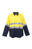 A long sleeve work shirt in high visibility yellow and navy, featuring reflective stripes and a logo.