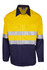 A bright yellow and navy long sleeve work shirt with reflective strips and a logo. Suitable for workwear purposes.