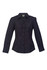 A women's button-up shirt in navy blue with a subtle stripe pattern, featuring a collared neckline and button-down front.