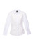 A white button-up shirt with a fitted silhouette, featuring long sleeves and a collar. It includes branding on the label.
