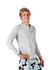 A long-sleeved grey t-shirt displayed on a model wearing patterned swimming shorts. The shirt has a brand logo.