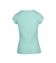 A mint green women's t-shirt with short sleeves and a fitted design, featuring a logo on the back.