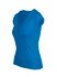 A blue women's t-shirt with a V-neckline and short sleeves, featuring a button detail at the front.