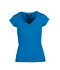 A women's t-shirt in bright blue with short sleeves and a v-neckline, featuring three buttons.