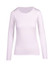 A white women's long sleeve T-shirt with a round neckline and a fitted design. It features a logo.