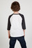 A child's 3/4 raglan sleeve T-shirt featuring a white body and dark grey sleeves, displayed from the back.