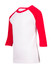 A kids' 3/4 raglan sleeve T-shirt featuring white fabric with red sleeves. Includes a branding logo.