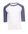 A white t-shirt with navy blue raglan sleeves and a logo on the front.