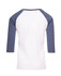 A 3/4 raglan sleeve T-shirt featuring a white body and navy blue sleeves, with a branding logo on the back.
