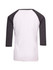 A 3/4 raglan sleeve T-shirt in white with dark grey sleeves, featuring a logo on the back.