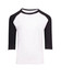 A white kids' T-shirt with black 3/4 raglan sleeves and a logo on the front.
