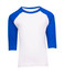 A kids' 3/4 raglan sleeve T-shirt featuring a white body with blue sleeves and a logo on the front.