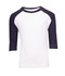 A kids' 3/4 raglan sleeve T-shirt featuring white fabric with navy blue sleeves and a logo.