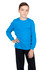 A blue long sleeve t-shirt displayed on a child, paired with black trousers. The shirt features a logo.