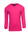 A pink long sleeve t-shirt with a round neck and gathered cuffs, featuring a brand logo on the label.