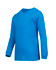 A blue long sleeve T-shirt with a round neck and cuffs, featuring a branding logo.