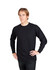 A black long sleeve T-shirt worn by a model with a neutral expression, featuring a logo on the chest.