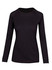 A black long sleeve T-shirt with a rounded neckline and a fitted silhouette, featuring a logo.
