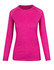 A long sleeve T-shirt in heather pink with a round neckline and a branding logo.