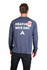 A navy blue long sleeve T-shirt for men and unisex, featuring a logo and text on the back.