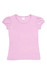 A pink girls' short puff sleeve T-shirt with a round neckline and a logo on the label.