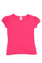 A pink short puff sleeve T-shirt with a fitted bodice and a tag on the collar, featuring a logo.