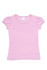 A pink short puff sleeve T-shirt featuring a round neckline and a label inside. It has a simple design without any logos.