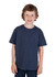 A navy blue crew neck T-shirt for kids, featuring short sleeves and a relaxed fit. Includes a brand logo.