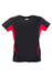 A black and red kids' T-shirt with short sleeves and a sporty design. It features contrasting side panels and has a logo.